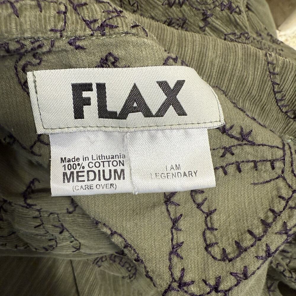 VTG Flax Shirt Dress‎ MED Green Corduroy Floral Embroidery 100% Cotton Lagenlook - Picture 9 of 14